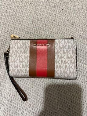 Michael Kors Cream Wristlet with Brown and Red Center Stripe